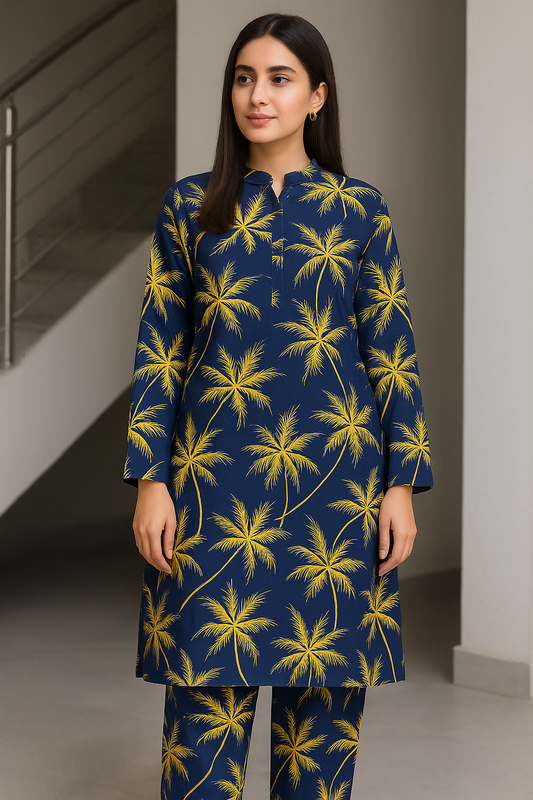 Linen Digital Printed stitched  2Pc suit Free Size